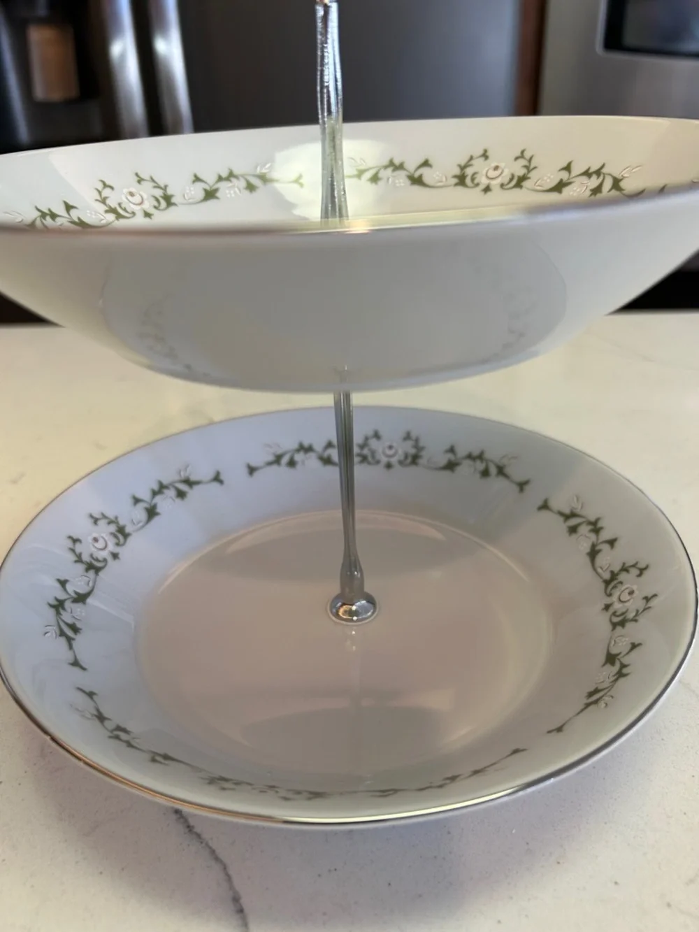 Two-Tier White Ceramic Jewelry or Dessert Stand with Silver Handle 9” high